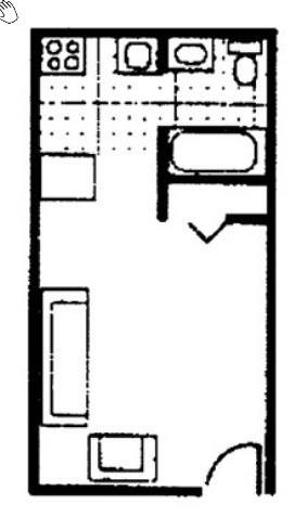 A black and white image of a floor plan with a kitchen, living room, and two bedrooms.